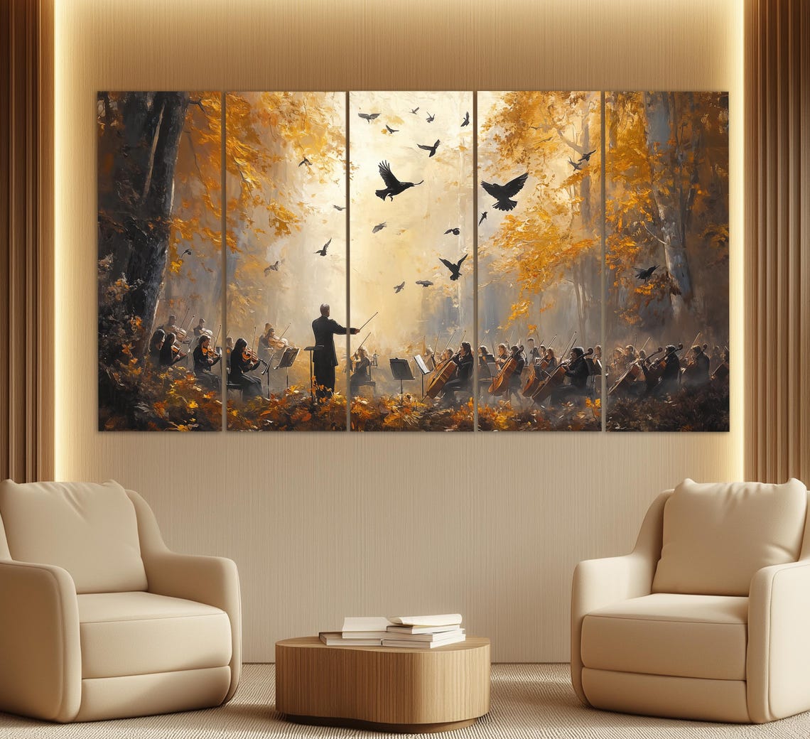 Symphony Orchestra Autumn Forest Oil Painting Style Birds Music Poster - Image 5