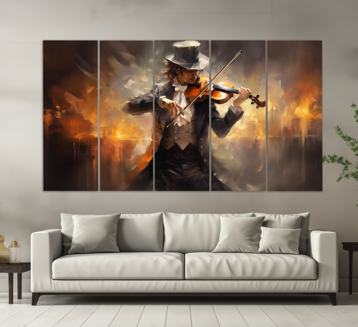 Violinist in Top Hat Playing Violin Dramatic Oil Painting Poster - Image 2