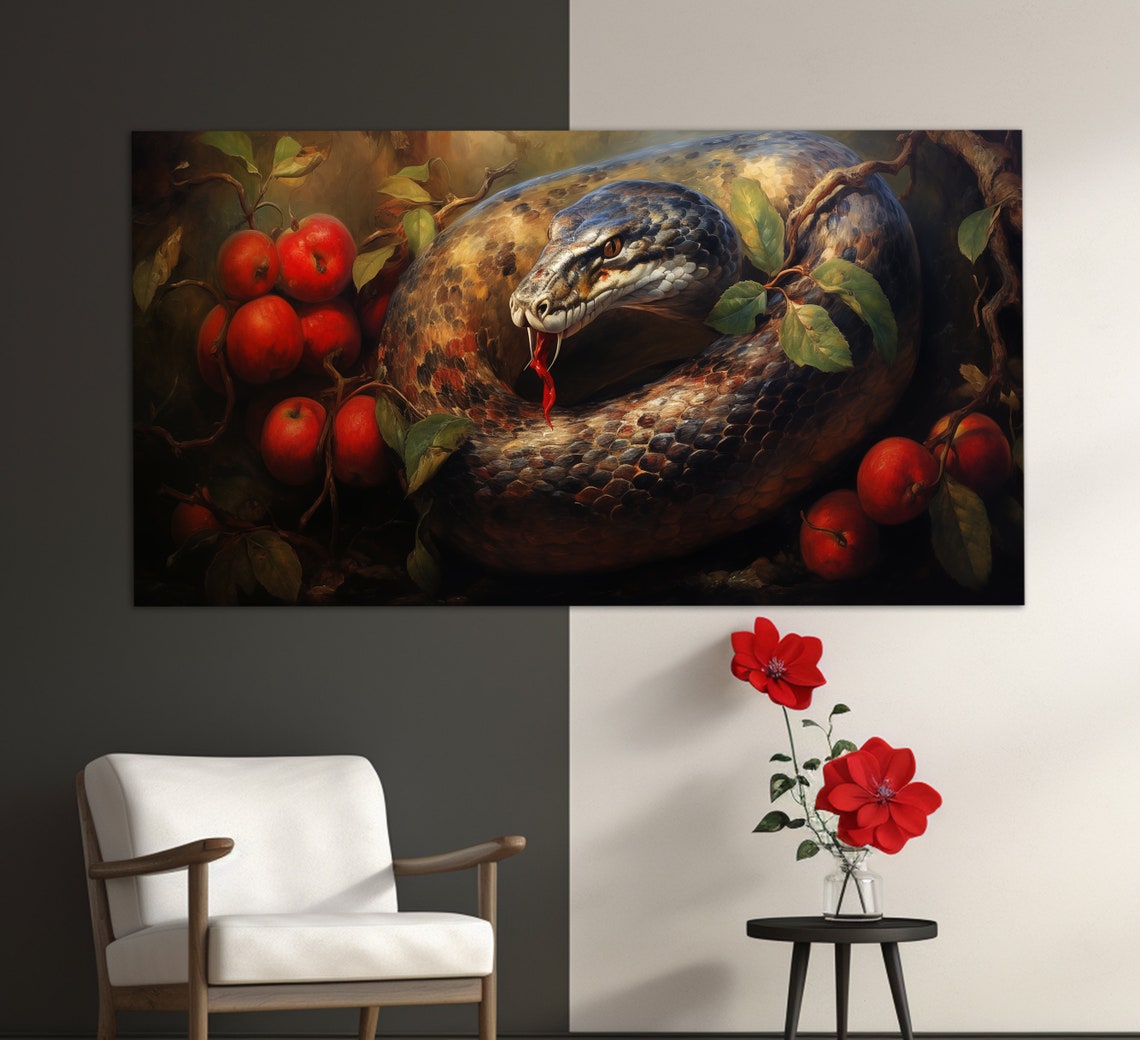 Coiled Python Snake Among Red Apples Vintage Oil Painting Art Poster
