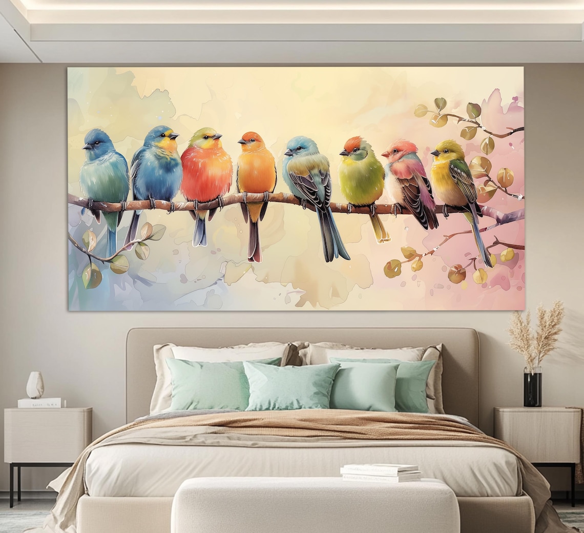 Colorful Songbirds Perched On Branch Watercolor Style Bird Art Poster