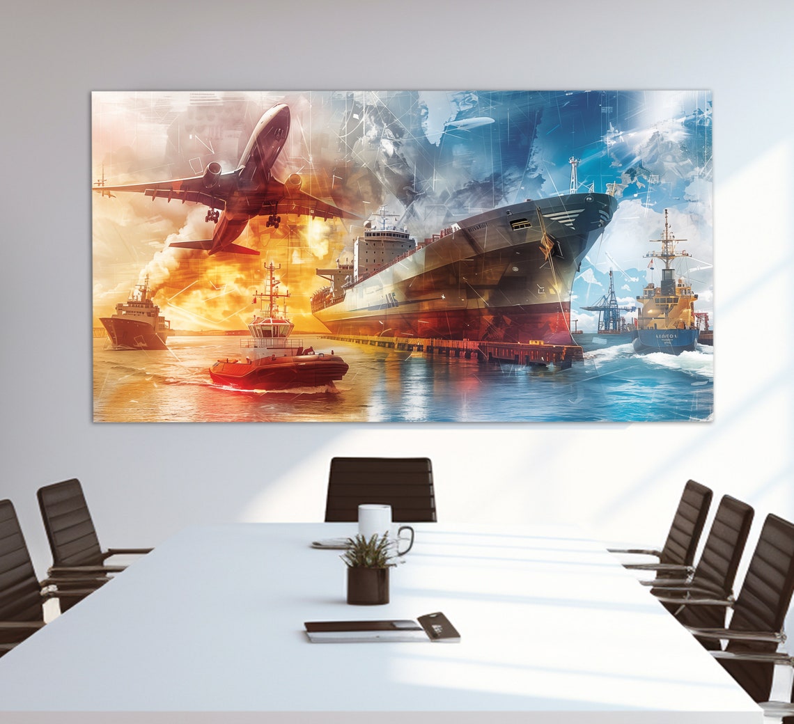 Cargo Ship Airplane Logistics Collage Shipping Trade Office Art Print