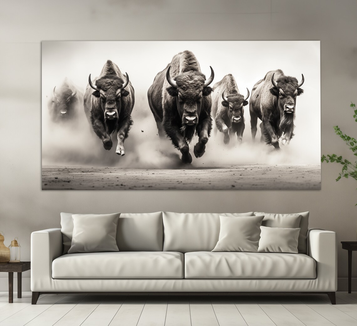 Running Bisons Black and White Animal Art Print