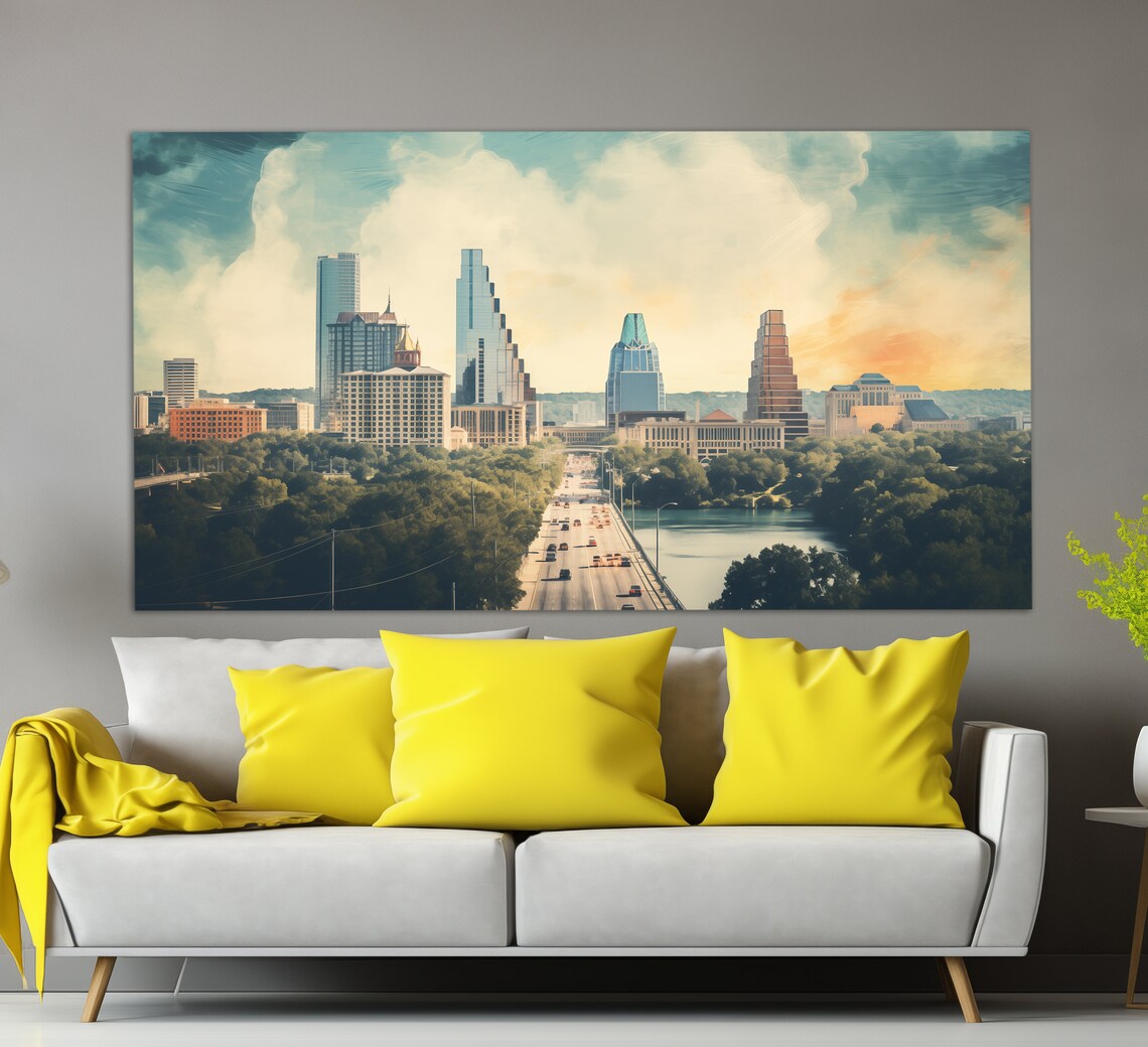 Austin Texas Skyline Bridge River Vintage Downtown City Poster
