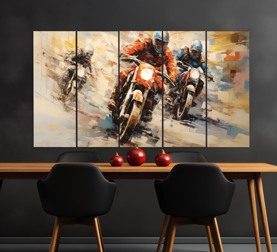 Road Racing Motorcycles Oil Painting Style Three Racers Speed Poster - Image 2