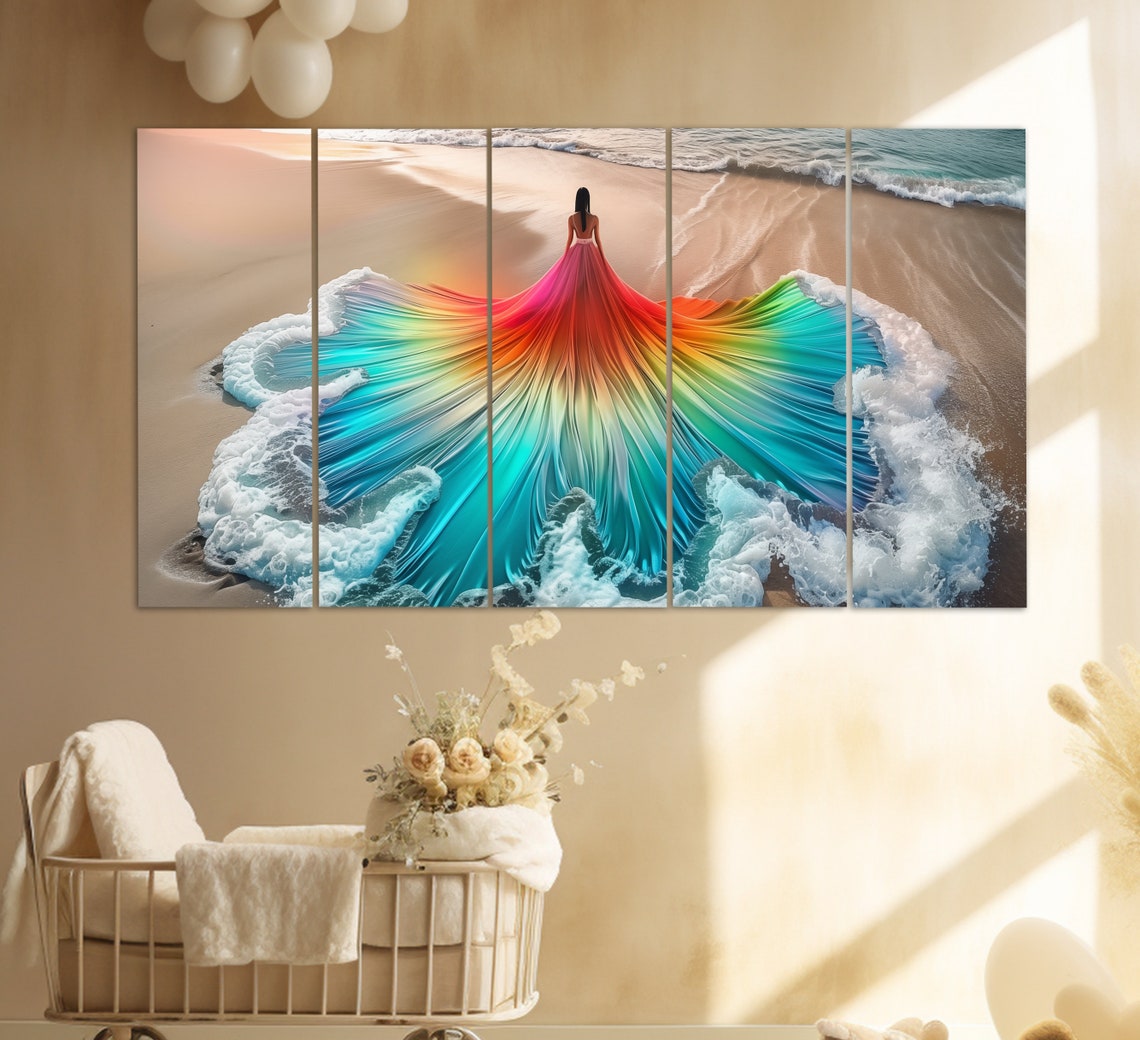 Woman In Rainbow Ocean Wave Gown On Sandy Beach Aerial View Wall Art - Image 2