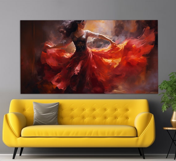 Charming Lady In Red Dress Dancing Print In A Vintage Oil Painting Style Dancing Wall Art Dancer Painting Dancing Class Decor