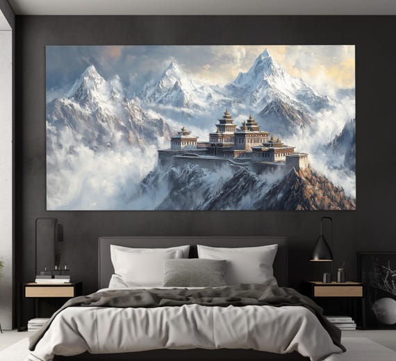 Majestic Himalayas Print Neutral Tones Himalayas Wall Art Abstract Buddhist Temple In Himalayas Painting Snow Mountains Wall Art