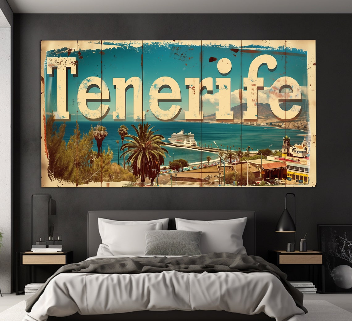 Tenerife Canary Islands Harbor Cruise Ship Vintage Sign Travel Poster