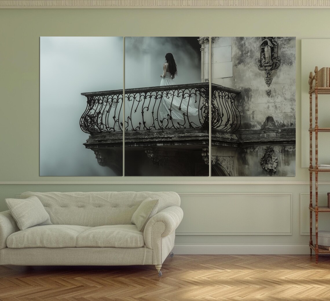 Gothic Beauty White Dress Old Balcony Dark Fantasy Painting Art Poster - Image 3