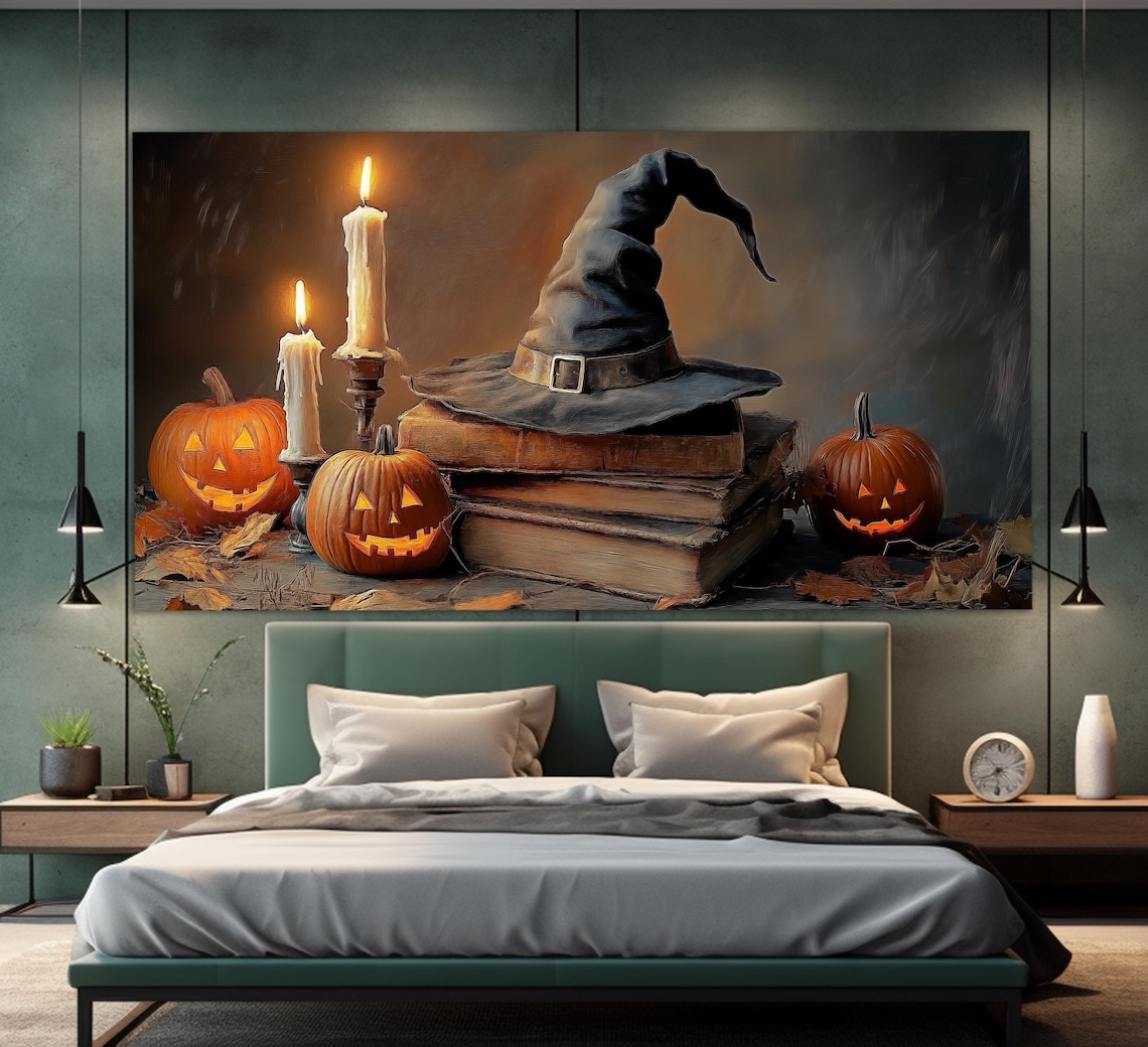 Witch Hat On Spell Books With Jack O Lanterns And Candles Halloween Poster - Image 4