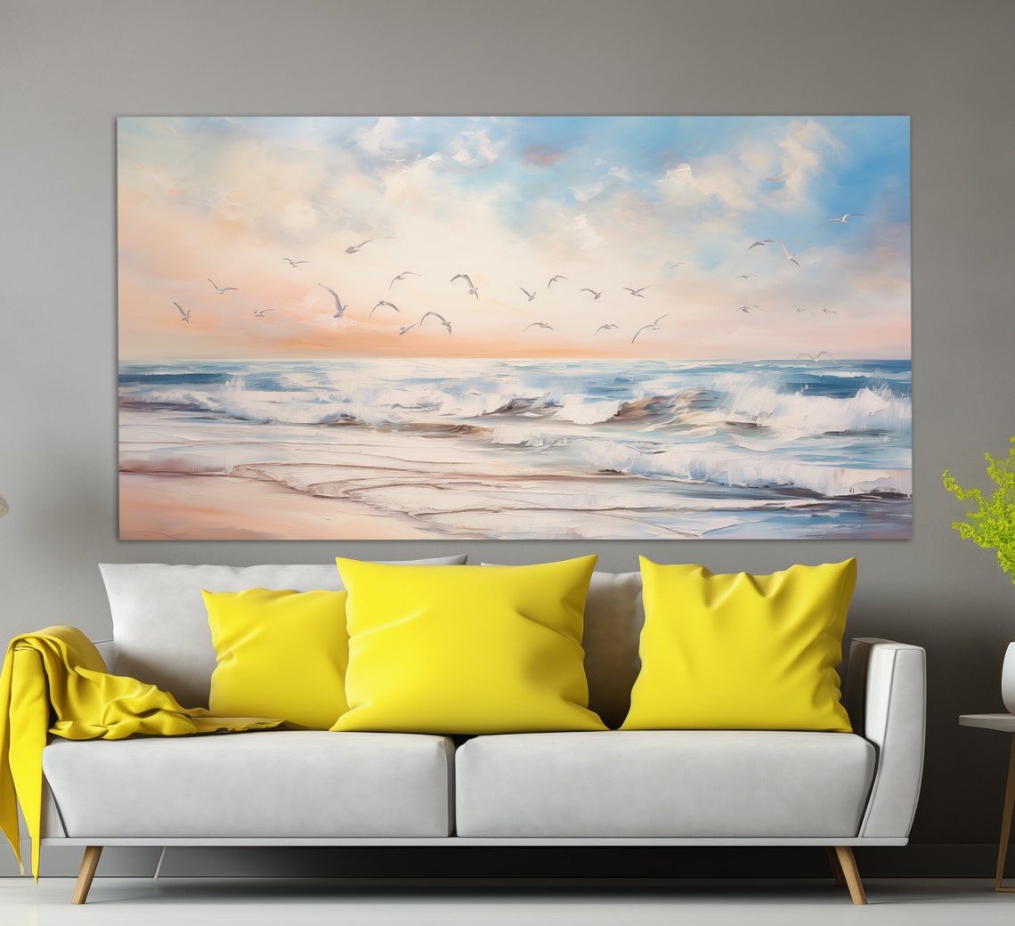 Seagulls Over Ocean Waves Sunset Soft Peach Blue Oil Painting Wall Art
