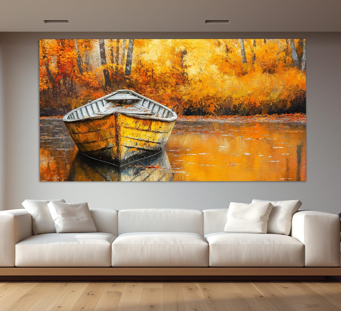 Old Fishing Boat In Autumn Lake Print In A Vintage Oil Painting Style Abstract Wooden Boat Wall Art Retro Nautical Poster