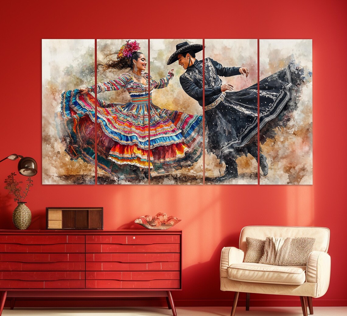 Mexican Folkloric Dancers Watercolor Style Vibrant Traditional Dance Poster - Image 5