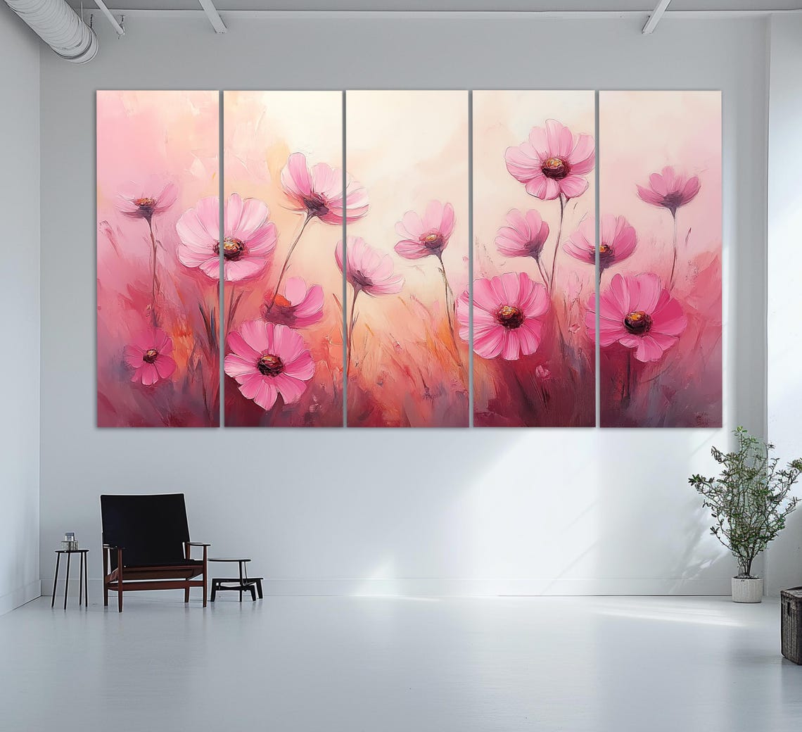 Soft Pink Daisies Blooming Meadow Oil Painting Floral Wall Art Poster - Image 2