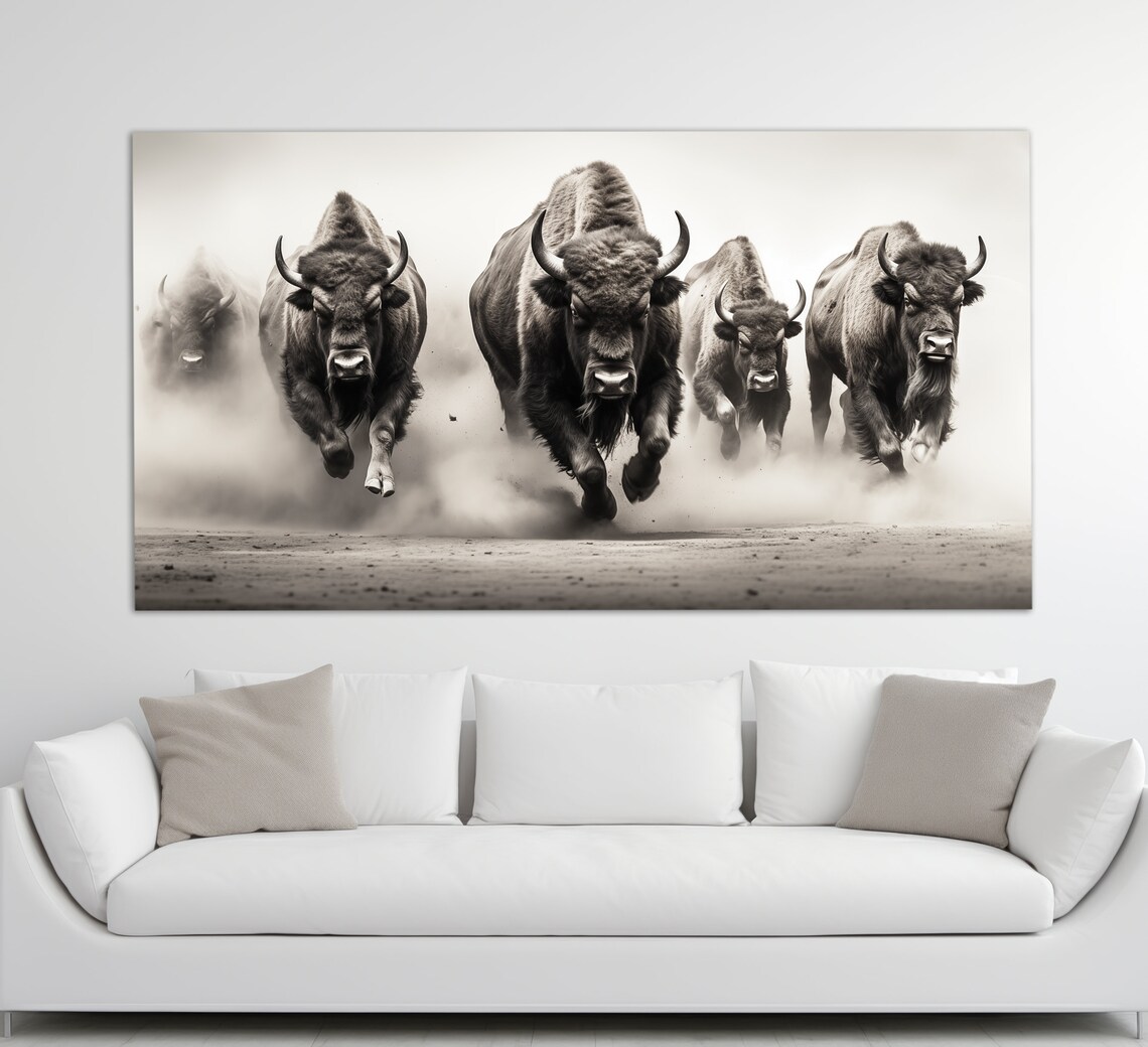 Running Bisons Black and White Animal Art Print - Image 3
