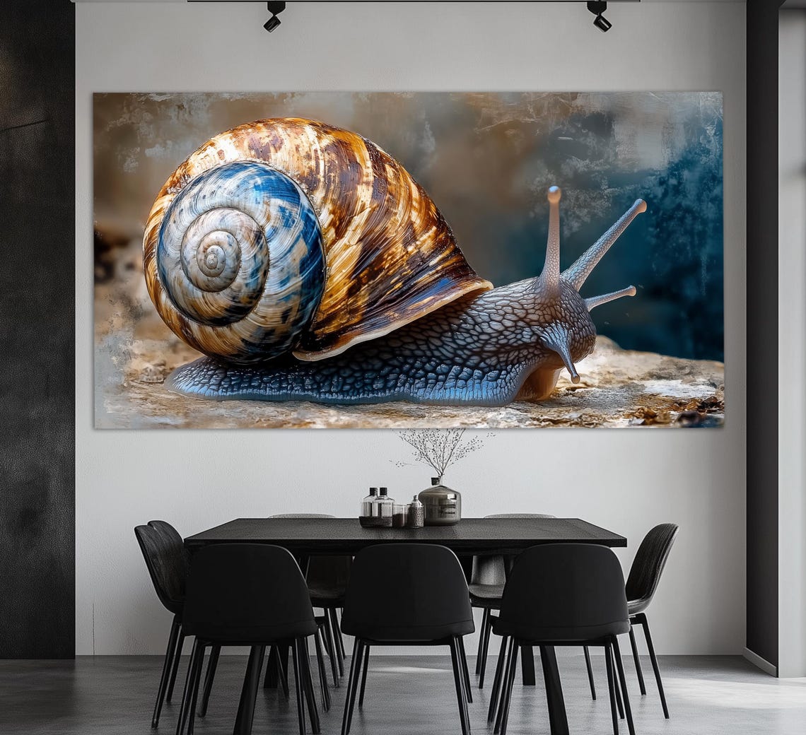 Painted Snail Portrait Spiral Shell Blue Brown Macro Art Wall Poster