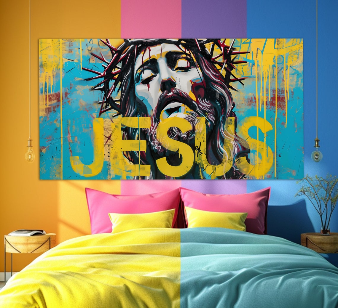 Jesus Christ Crown of Thorns Graffiti Pop Art Blue Yellow Poster - Image 3