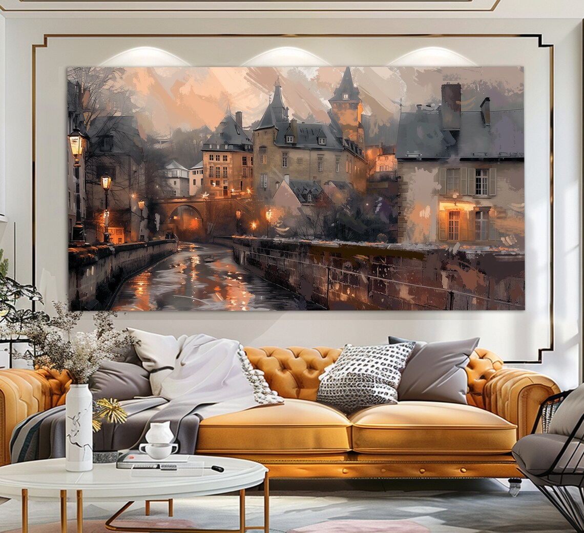 Luxembourg Old Town Canal Evening Lights Vintage Oil Painting Poster