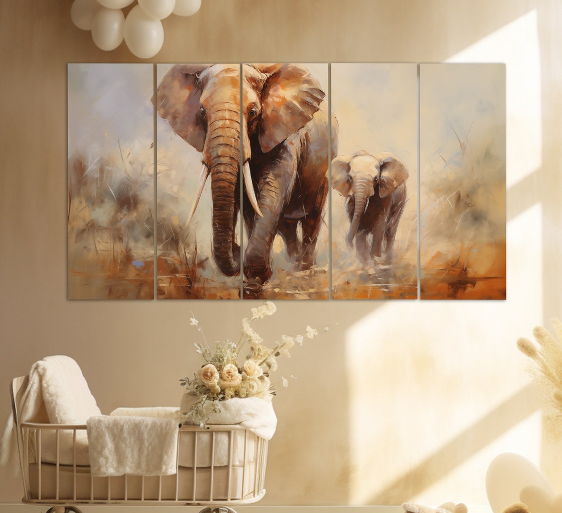 Elephant Mother And Calf Golden Savanna Dust Oil Painting Poster - Image 5