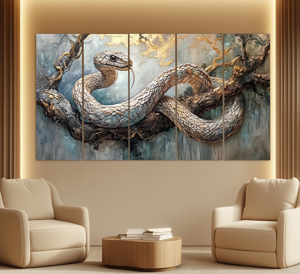 White Snake Coiled On Branch Gold Leaf Year Of Snake Oil Painting Poster - Image 4