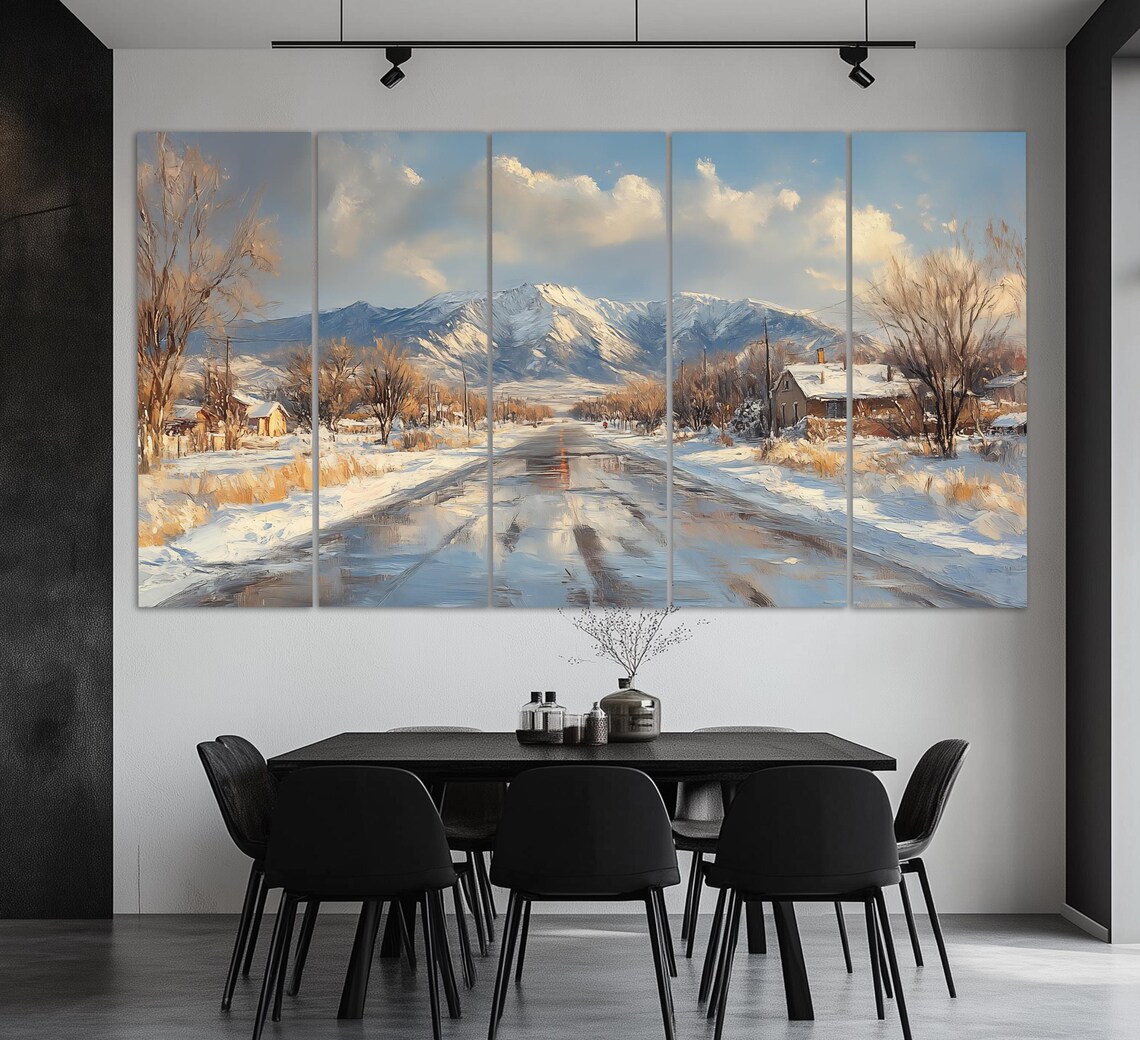 Snowy Winter Country Road to Snowcapped Mountains Oil Painting Poster - Image 2