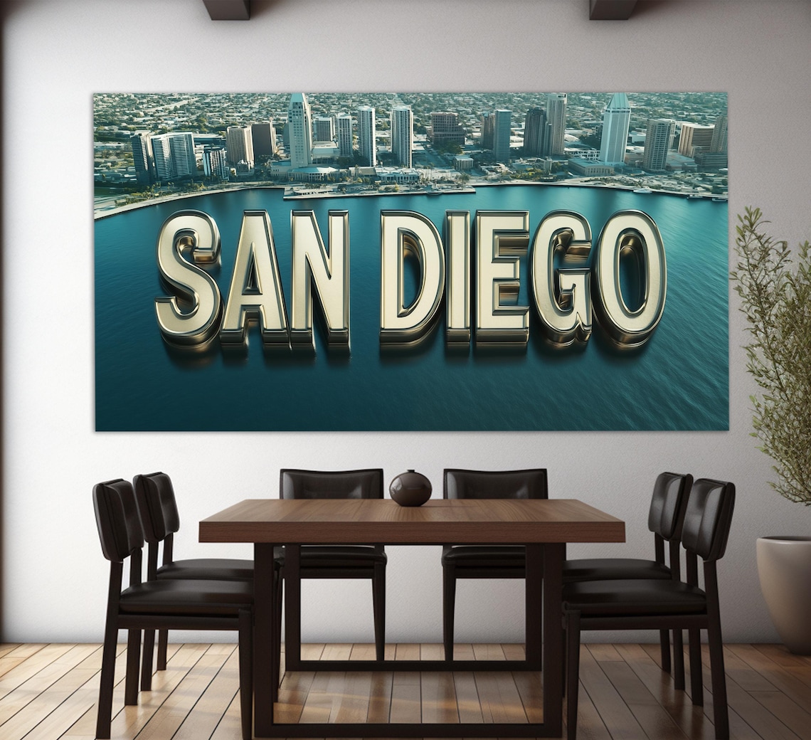 San Diego Skyline Chrome Letters Bay View California Travel Poster