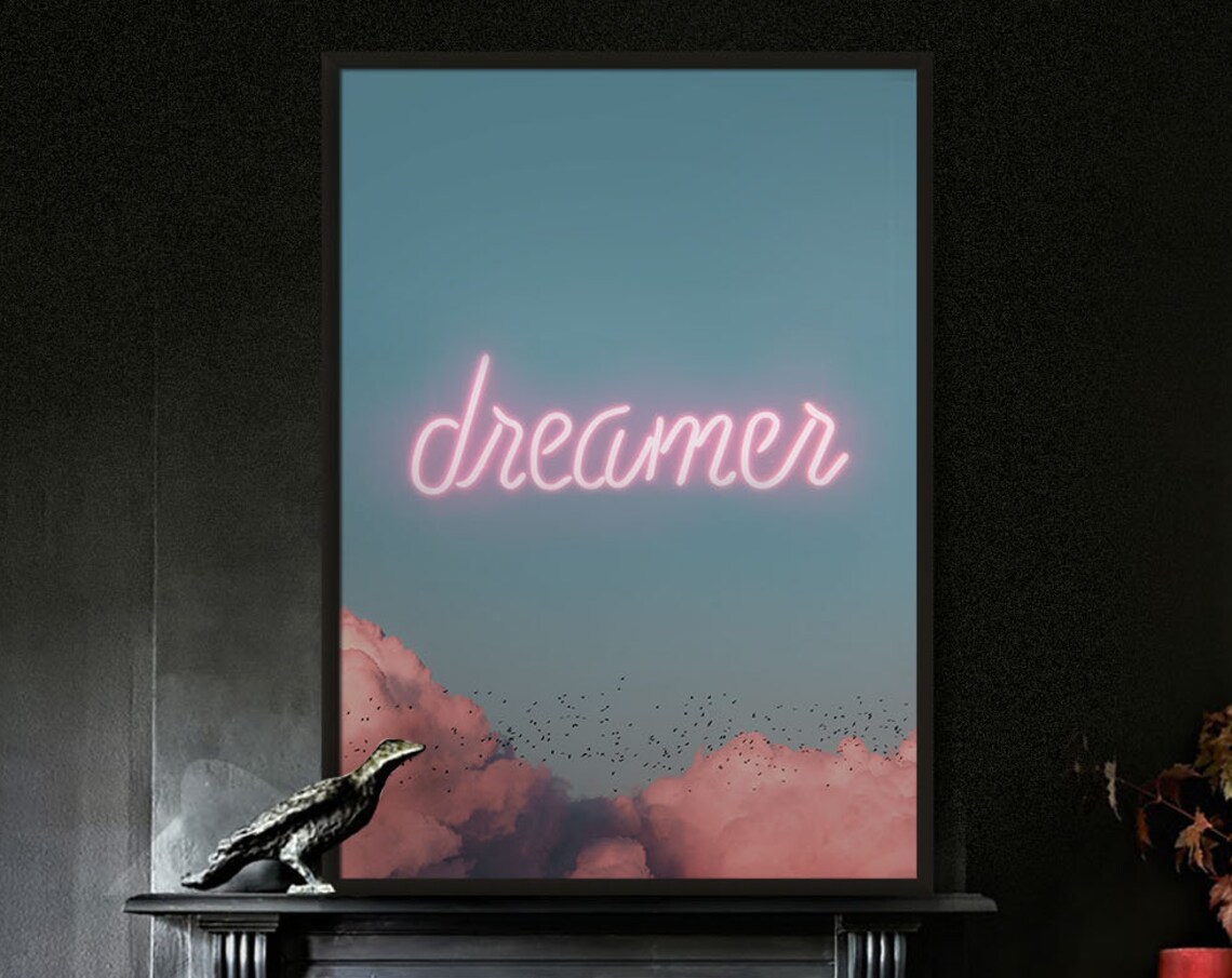 Dreamer Neon Typography Poster, Pastel Pink Abstract