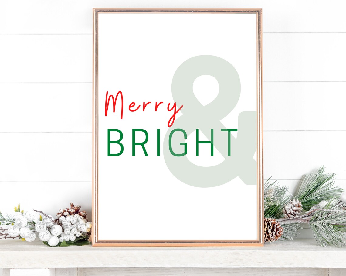 Merry and Bright Christmas Script Modern Holiday Quote Poster