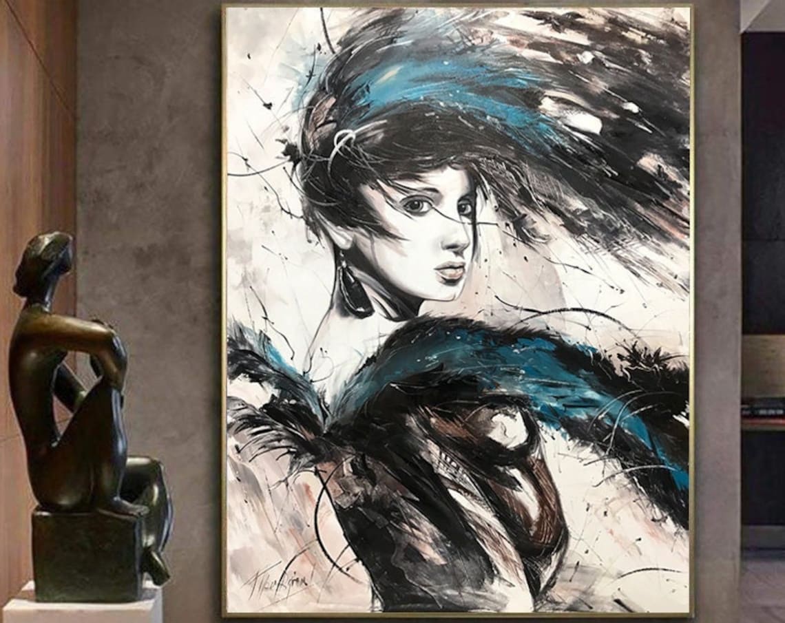 Abstract Woman Face Oil Painting Blue Windblown Hair Modern Art Poster