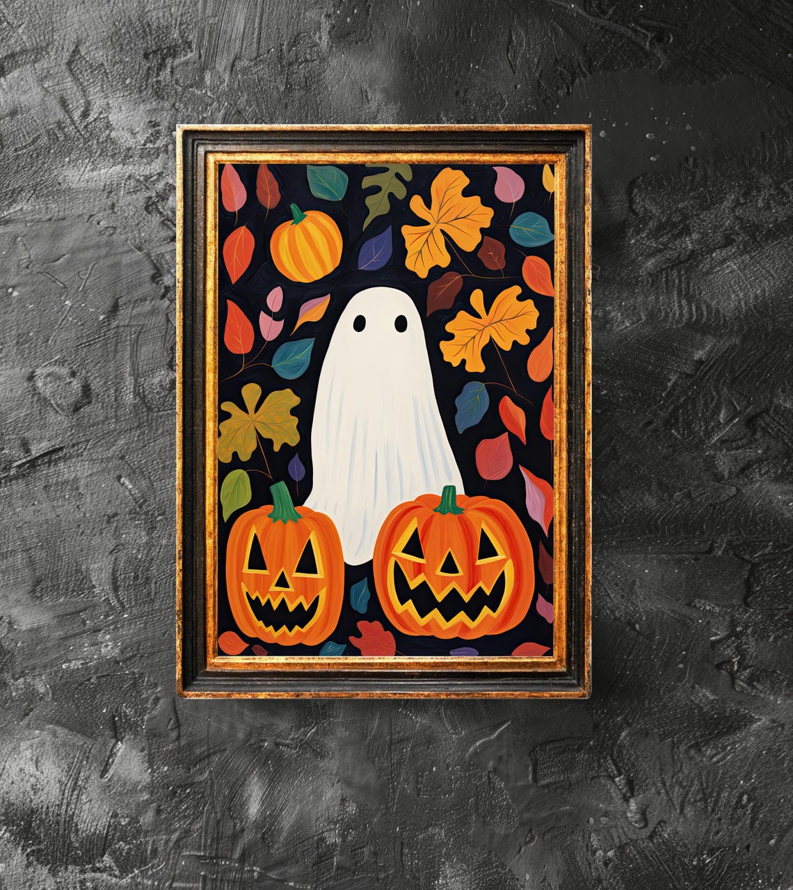 Cute Ghost with Jack-O-Lanterns Autumn Leaves Halloween Poster