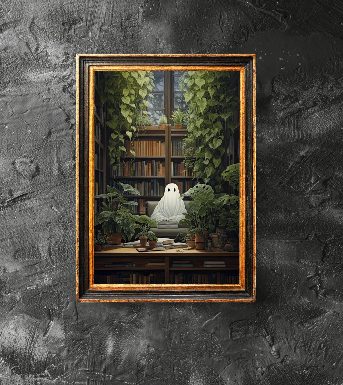 Cute Ghost Reading Book in Cozy Plant-Filled Library Halloween Poster
