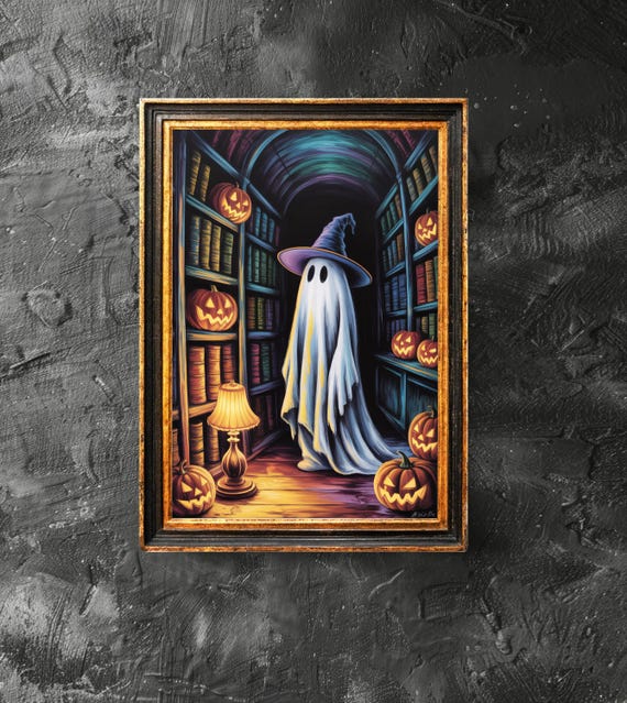 Witch Pumpkin In A Library Poster Lover Gift Vintage Halloween Home Decor