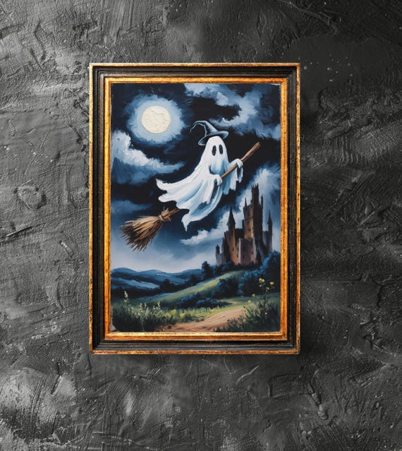 Flying On A Witch Broom Poster Vintage Creepy Gothic Painting Spooky Decor Halloween Home