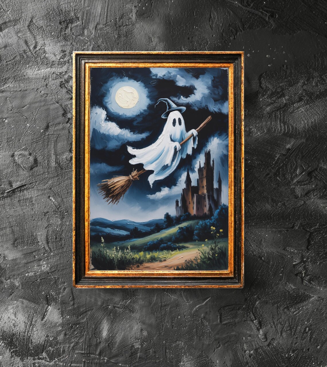 Cute Ghost Witch on Broomstick Halloween Night Oil Painting Poster