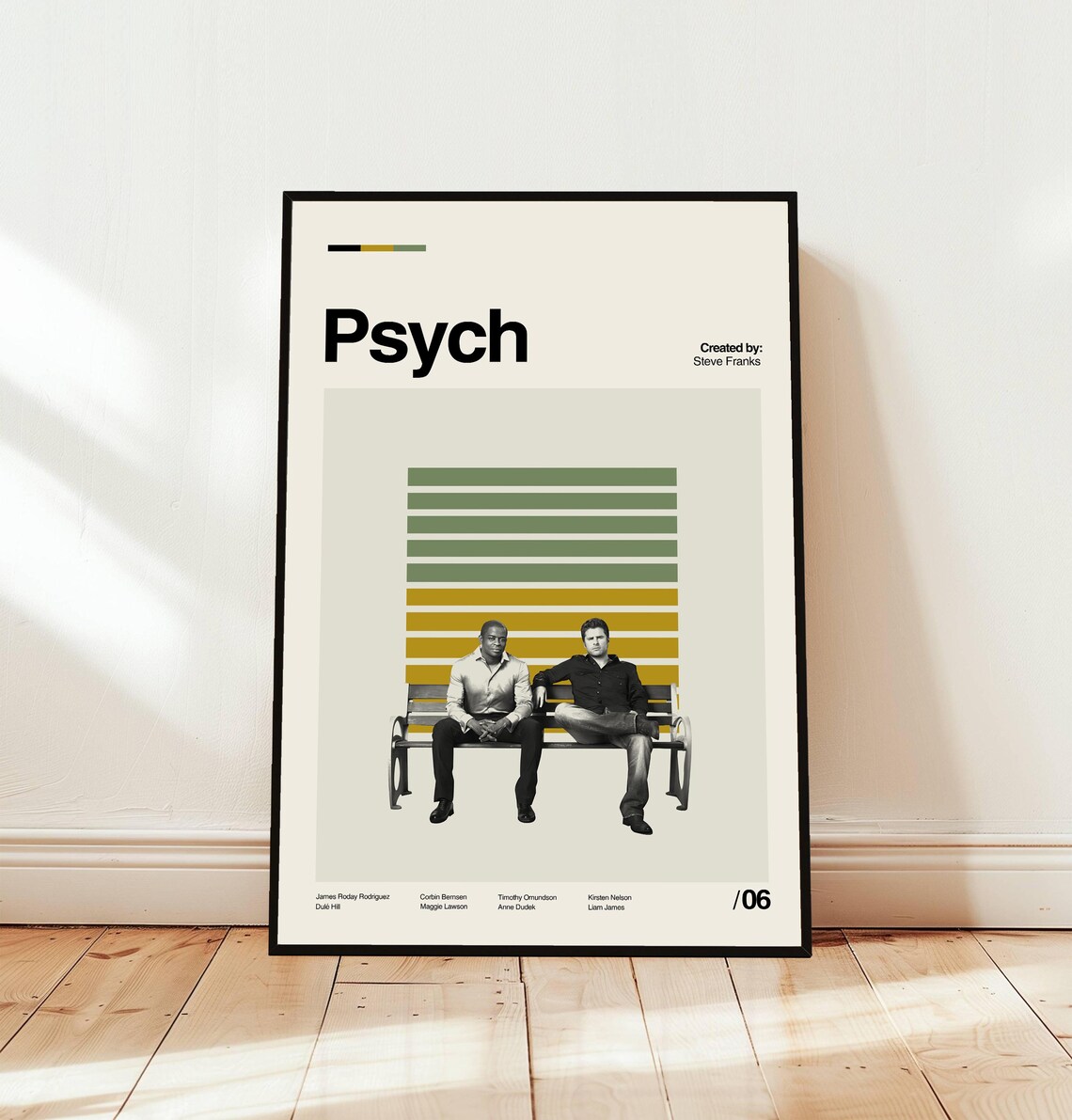 Psych TV Series Minimalist Midcentury Poster With Bench Scene and Cast List