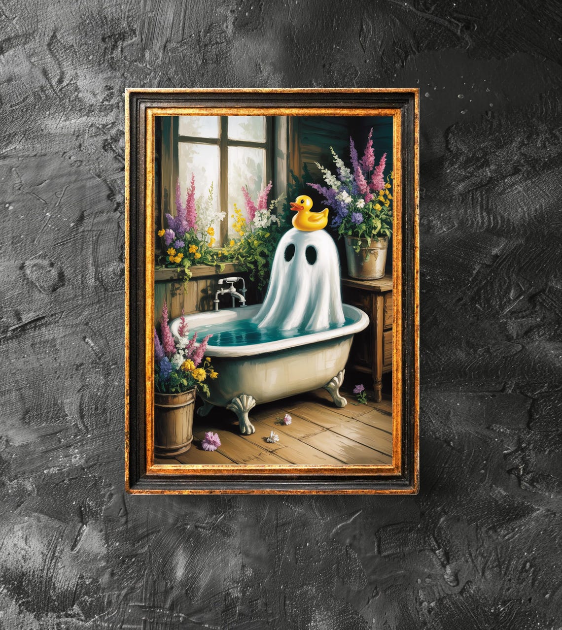 Cute Ghost in a Bathtub with a Rubber Duck Floral Halloween Art Poster