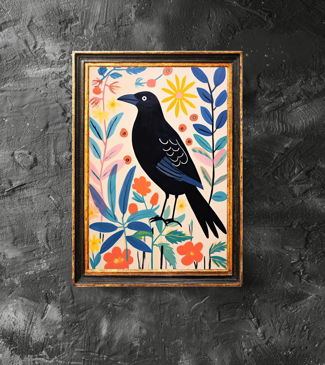 Colorful Folk Art Crow With Flowers Maximalist Art Bird Poster