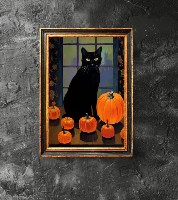 Black Cat With Pumpkin Halloween Poster Art Lover Gift Vintage Decor