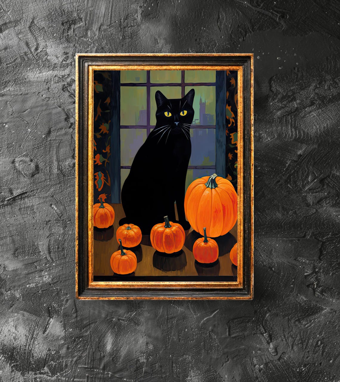 Black Cat Among Pumpkins by the Window Halloween Fall Art Poster