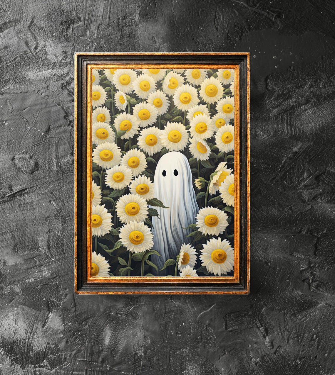 Cute Ghost In Sunflower Field Halloween Fall Painting Poster