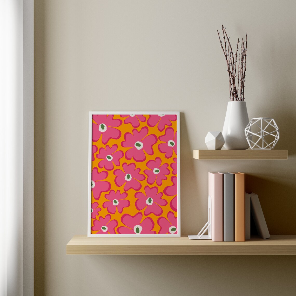 Funky Wavy Flowers Art Print, Yellow Hot Pink Floral - Image 3