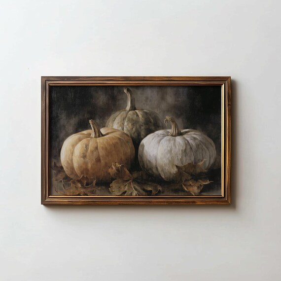 Three Pumpkins Moody Dark Oil Painting Fall Still Life Art Poster