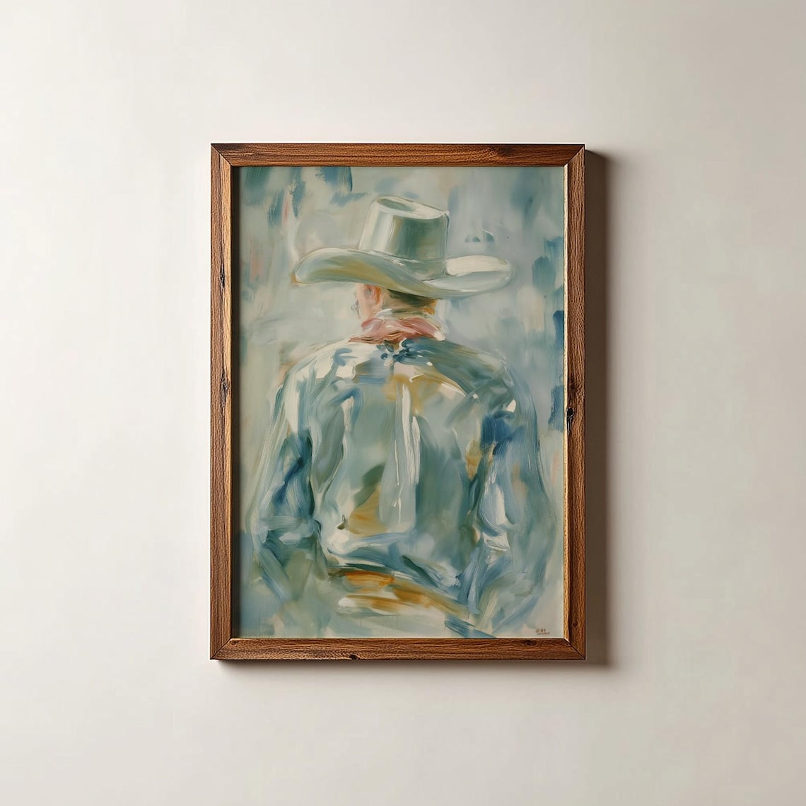 Modern Cowboy From Behind Blue Watercolor Western Portrait Poster