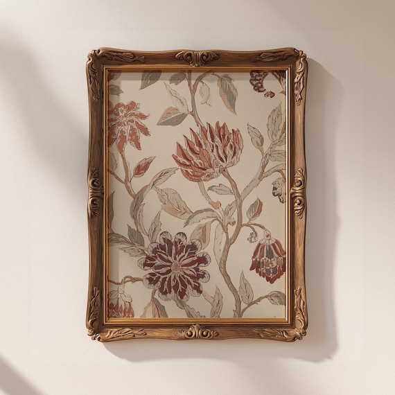 Rust Floral Tapestry Terracotta Botanical Vintage Ornate Flower Wall Poster