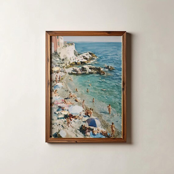 Coastal Beach Bathers Rocky Shore Blue Sea Summer Vacation Art Poster