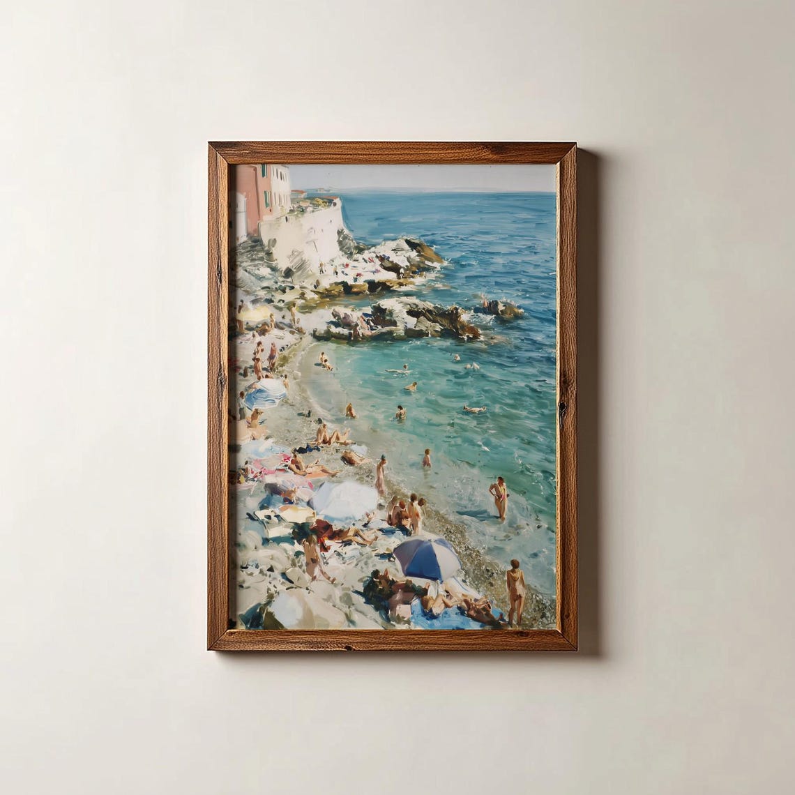 Coastal Beach Bathers Rocky Shore Blue Sea Summer Vacation Art Poster
