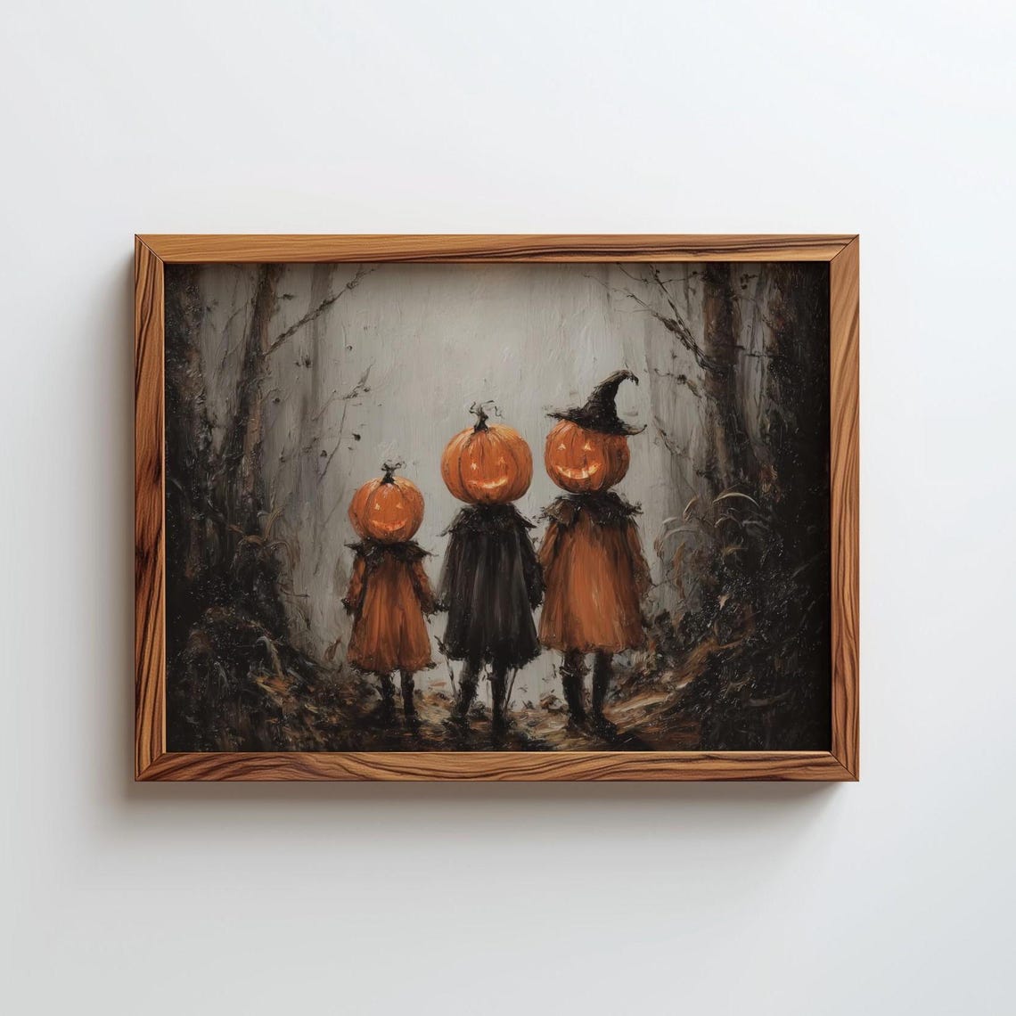 Three Pumpkin Head Children Walking Dark Forest Witch Hat Art Poster