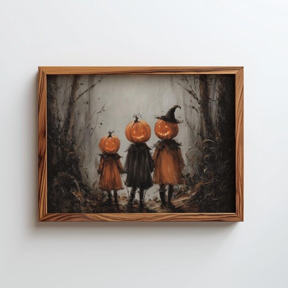 Three Pumpkin Head Children Walking Dark Forest Witch Hat Art Poster