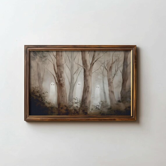 Cute Sheet Ghosts in Misty Forest Moody Halloween Painting Poster