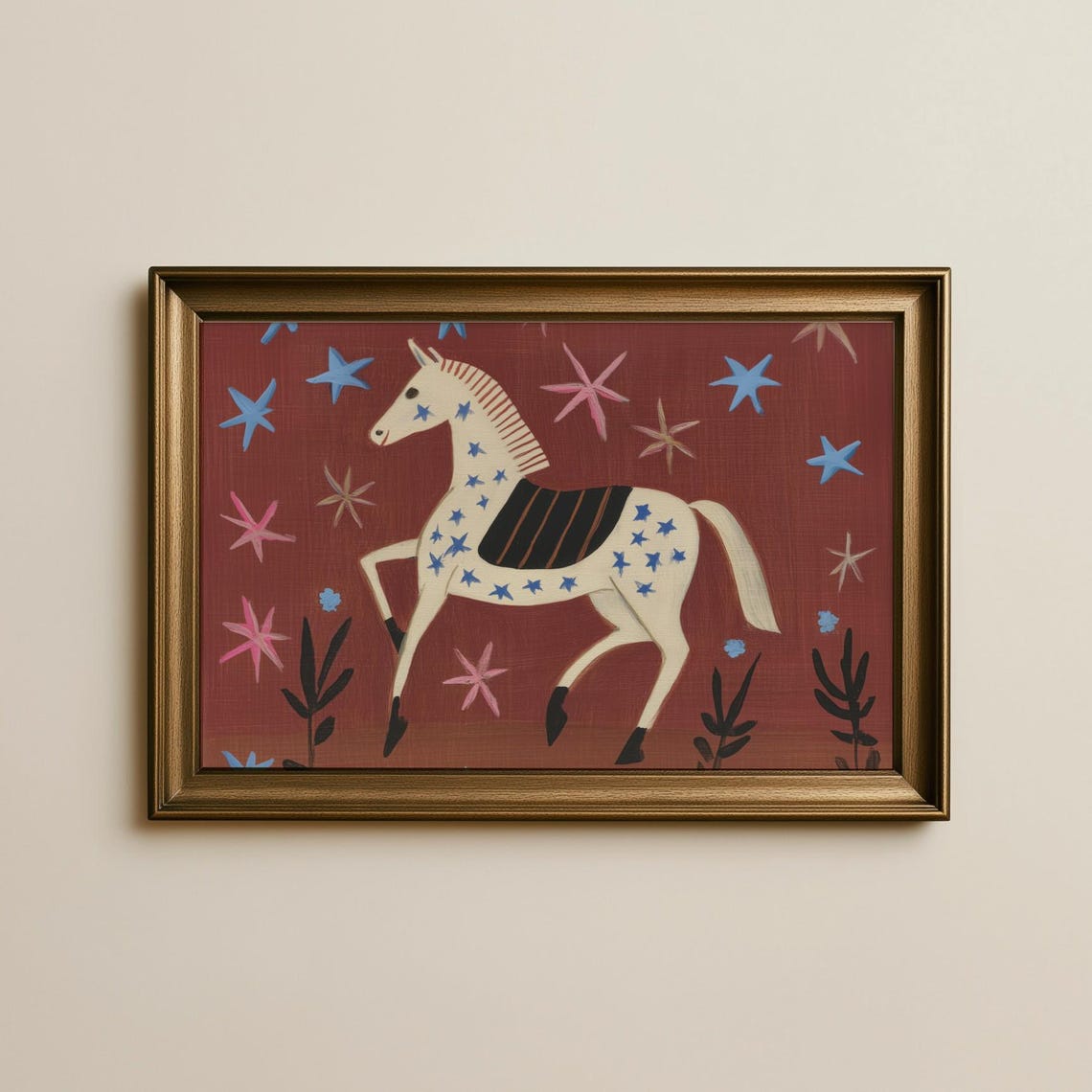 Starred White Horse Maroon Folk Art Whimsical Nursery Decor Poster